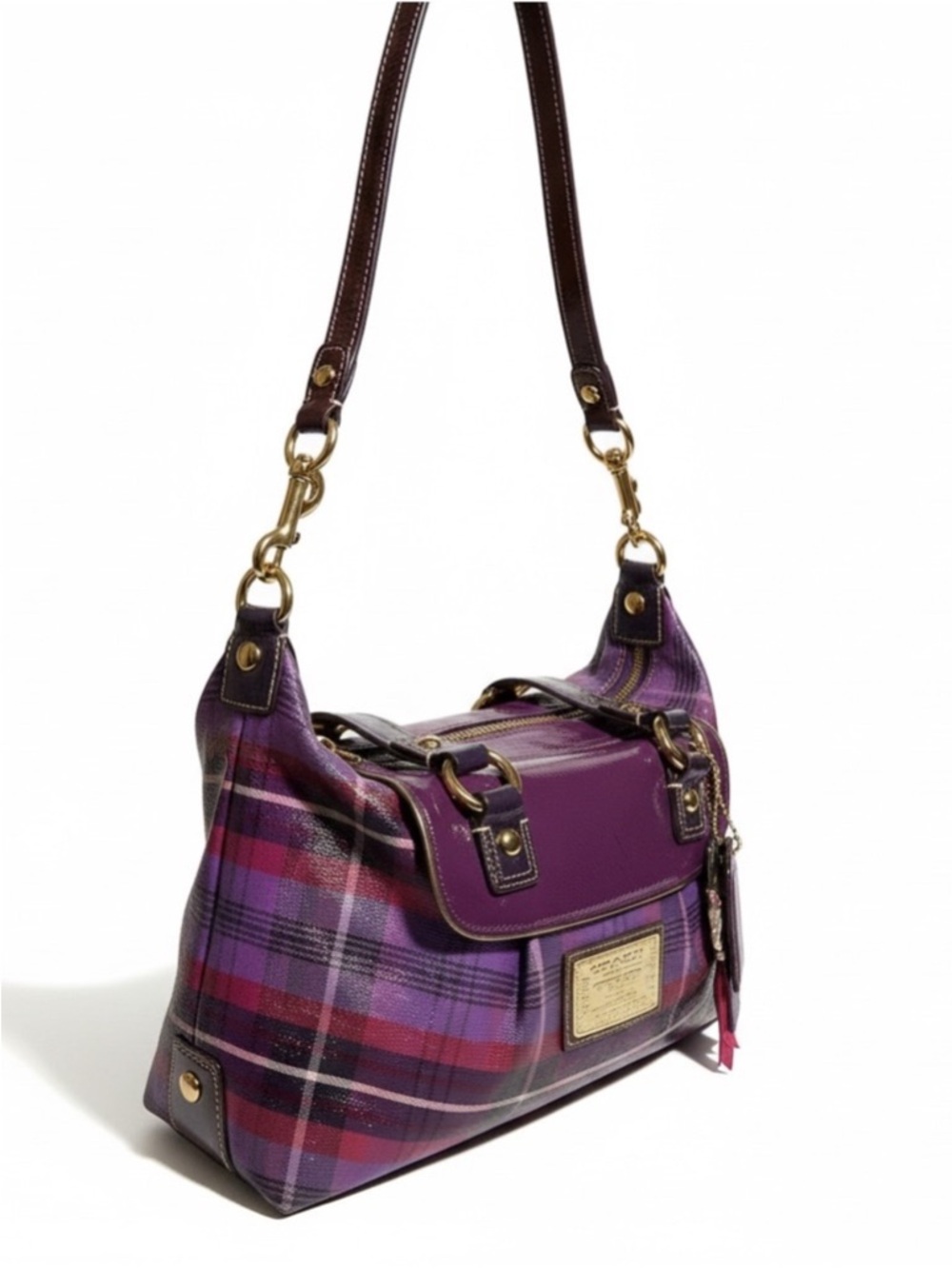 Coach Poppy Tartan Purple Plaid Satchel with Magenta Accents 4 hang tags - Picture 2 of 16